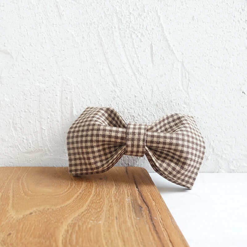 Plaid Elegance Dog Collar & Leash Set brown plaid bow for stylish dogs and cats, perfect for any occasion.