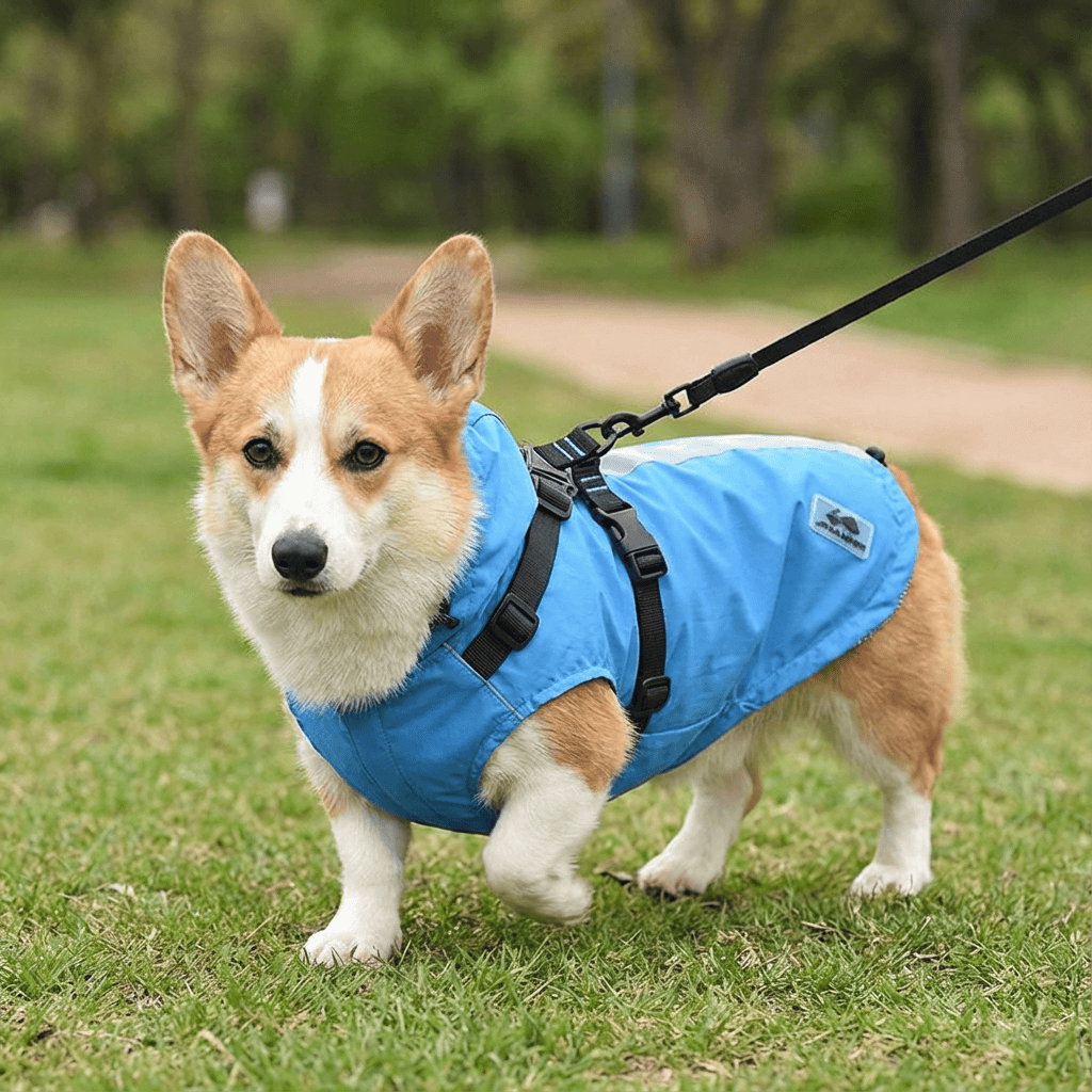 Buckle Straps Waterproof Windbreaker Dog Jacket on a corgi in a park, featuring harness, fleece lining, and zipper closure.