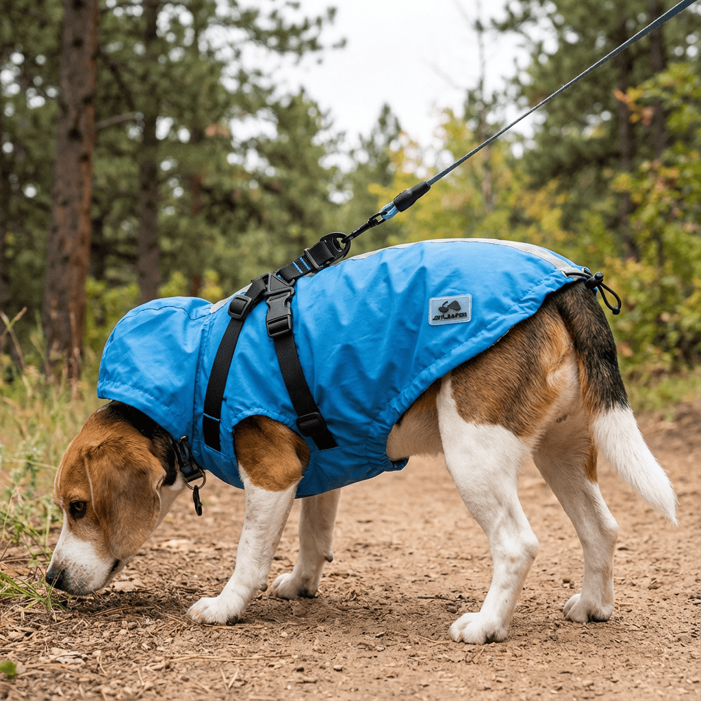 Buckle Straps Waterproof Windbreaker Dog Jacket on a Beagle, showcasing waterproof and warm features for dogs.