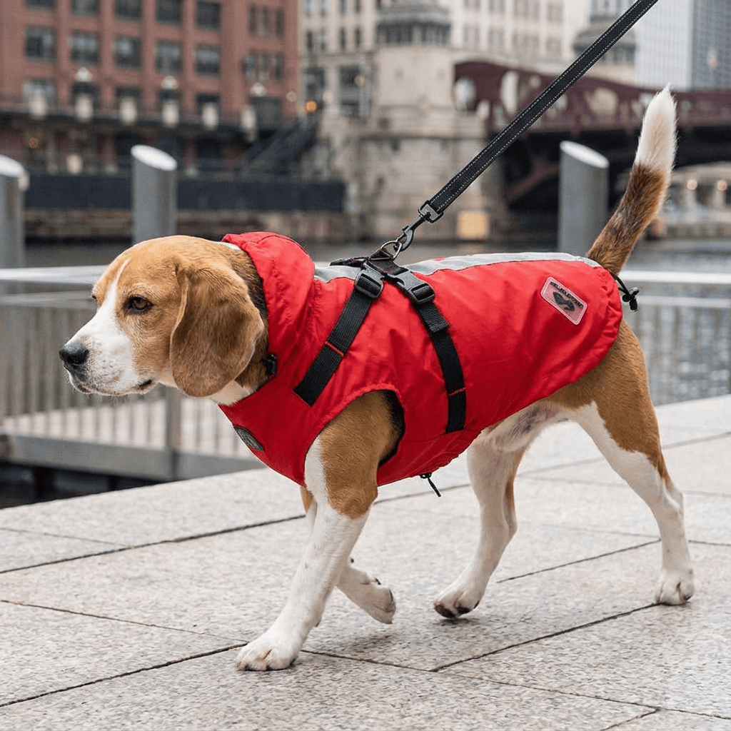 Buckle Straps Waterproof Windbreaker Dog Jacket on a Beagle walking by the water, featuring harness and stylish design.