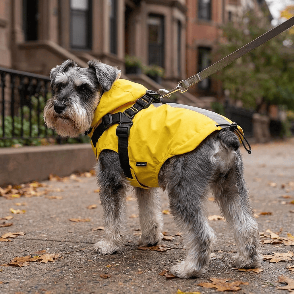 Buckle Straps Waterproof Windbreaker Dog Jacket on a stylish dog, showcasing its warm quilted design and integrated harness.