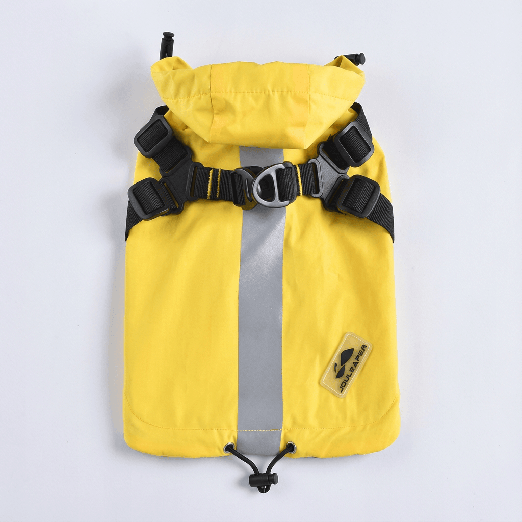 Buckle Straps Waterproof Windbreaker Dog Jacket in yellow with zipper closure and harness for dogs & cats.