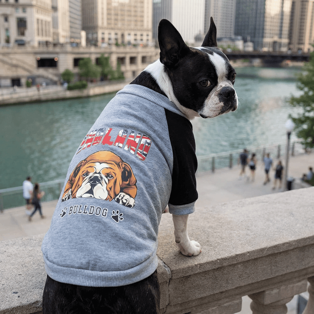 Bulldog Cashmere Dog Sweater on a Boston Terrier by the river showcasing its comfort and style for dogs.