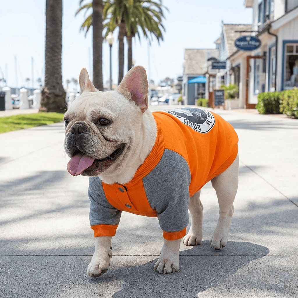 Bulldog Cashmere Dog Sweater on a happy dog enjoying the outdoors, perfect for dogs & cats, featuring breathable and lightweight design.