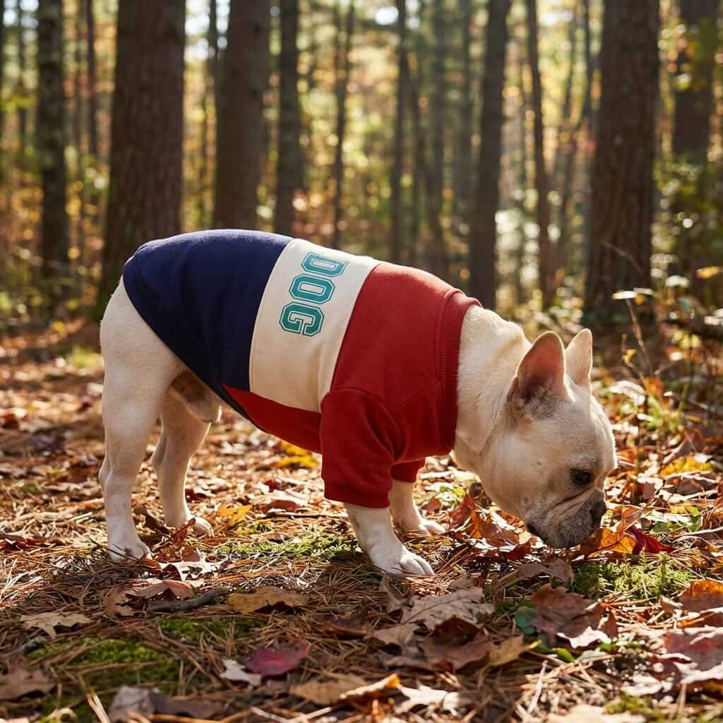 Bulldog Pet Sweater on a dog in woods, featuring breathable cotton, round neckline, and short sleeves. Cozy for Dogs & Cats.