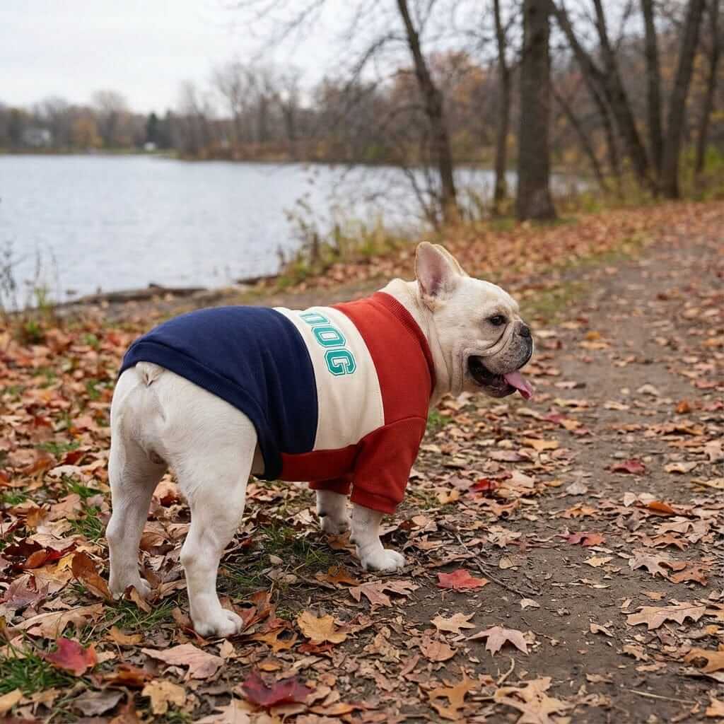 Bulldog Pet Sweater on a French Bulldog, showcasing soft cotton material and stylish design for cozy wear.