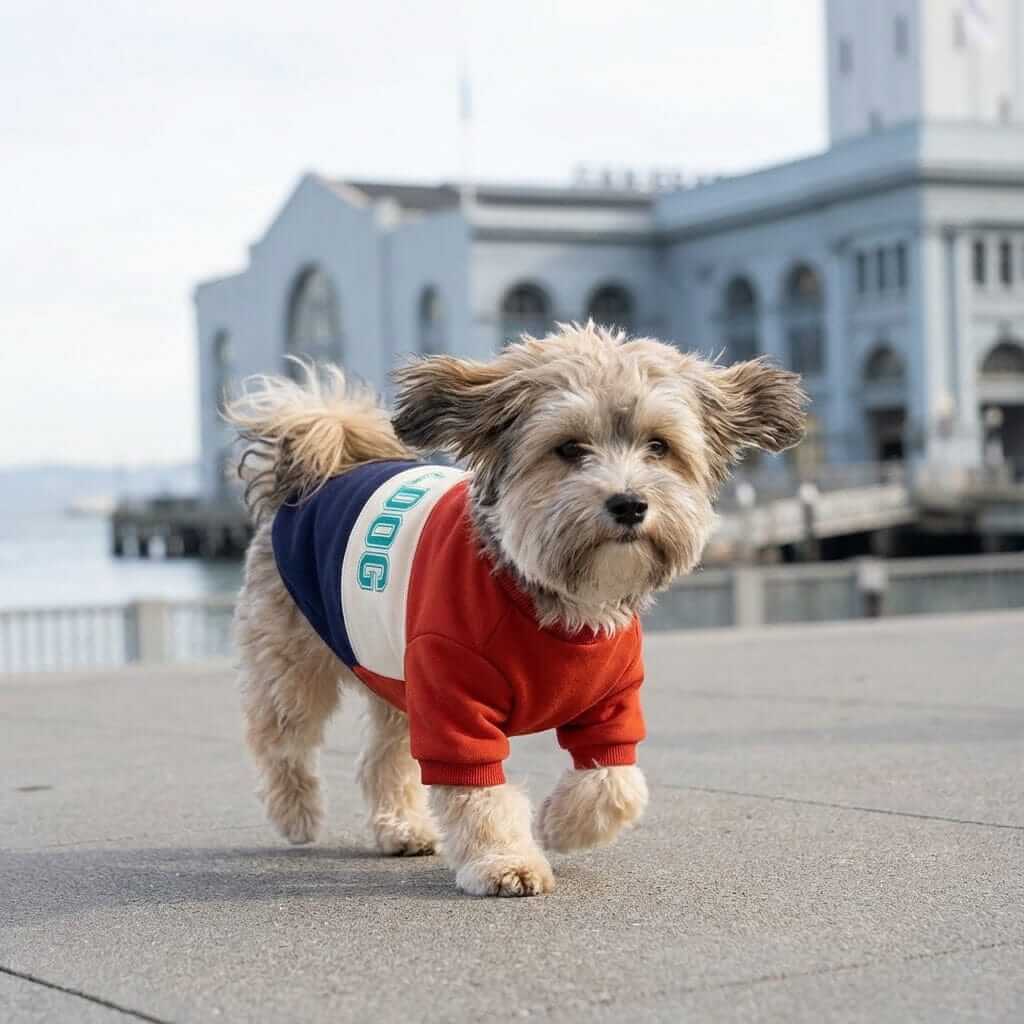 Bulldog Pet Sweater on a small fluffy dog, featuring a breathable round neckline and short sleeves for comfort.