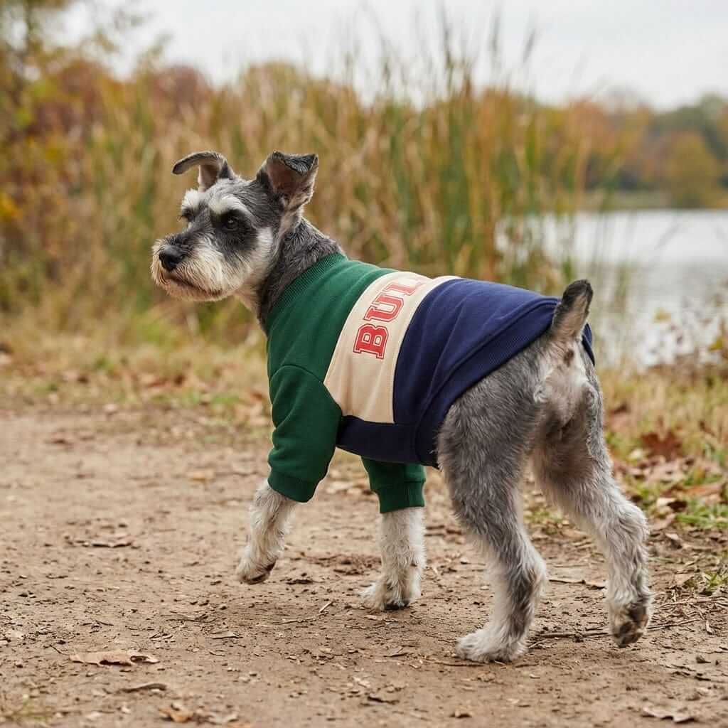 Bulldog Pet Sweater on a schnauzer dog, featuring a breathable round neckline and comfortable cotton material.