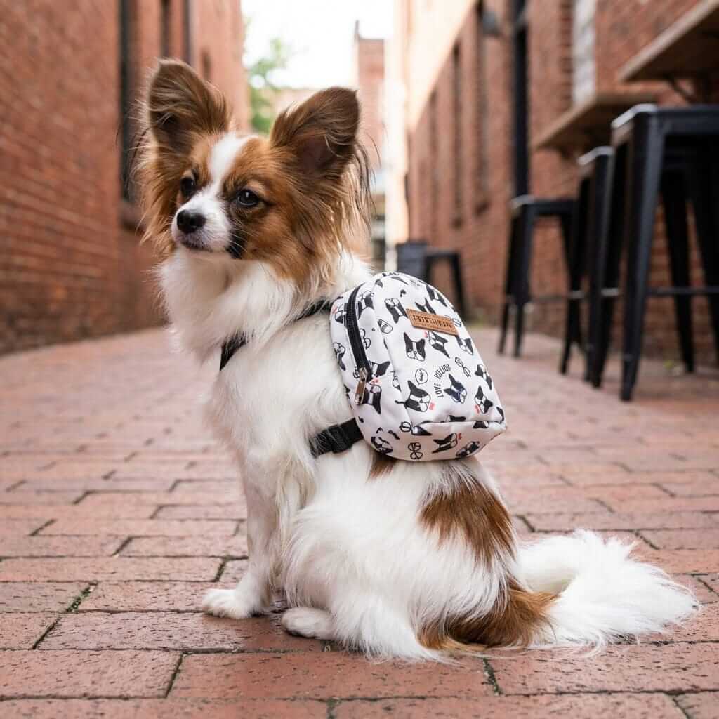 Bulldog Print Backpack worn by a dog, featuring adjustable straps, suitable for dogs & cats adventures.