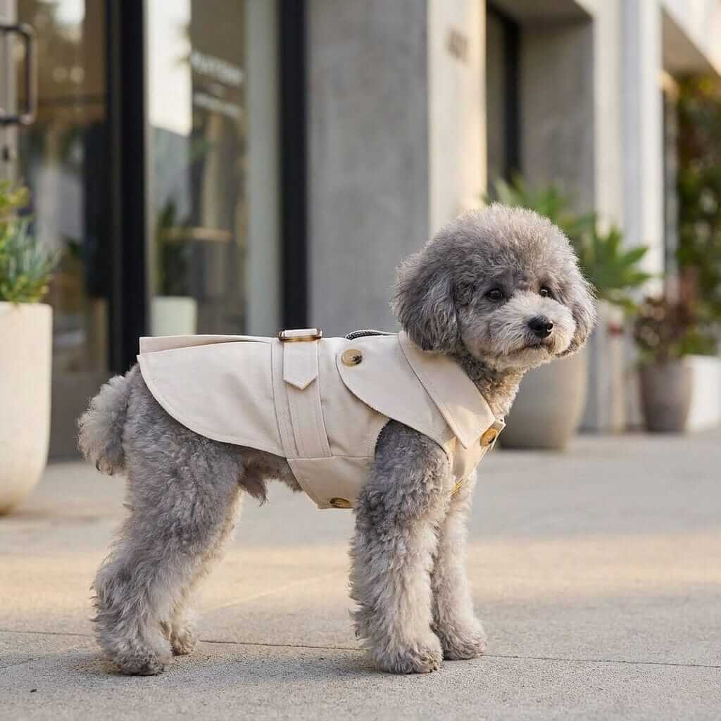 Button Belted Dog Coat on a fluffy gray dog, featuring dapper buttons and a cozy collar from Dogs & Cats brand.