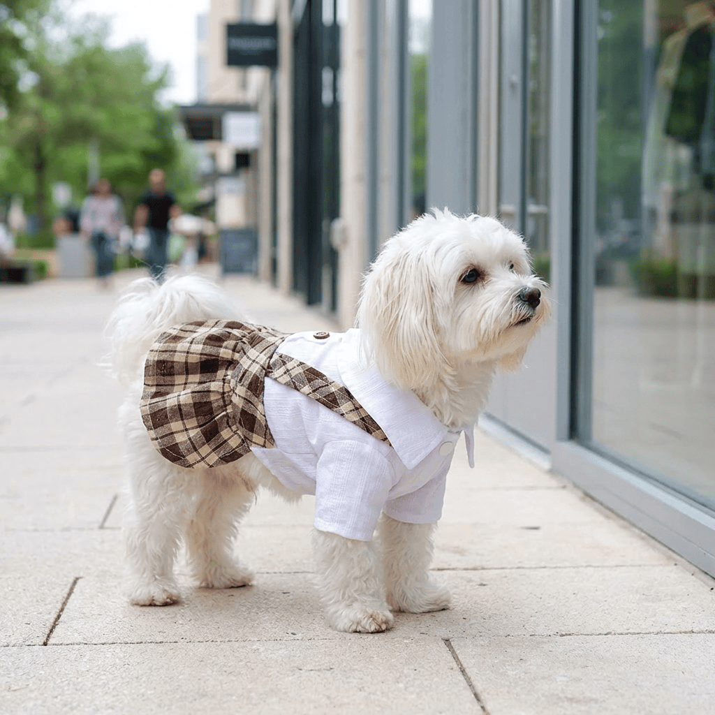 Button Up Dog Dress for Dogs & Cats featuring a cute plaid pattern and breathable polyester for comfort.
