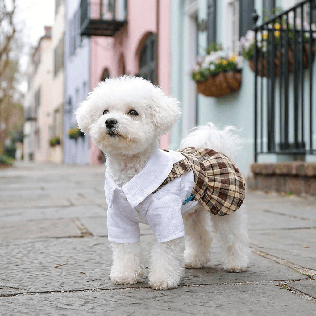 Button Up Dog Dress for Dogs & Cats, breathable polyester, plaid pattern, comfy pull-over style dress.