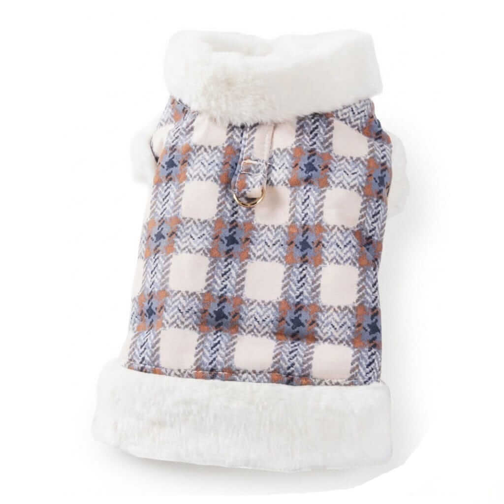 Button Up Dog Winter Coat in plaid design with fur collar, breathable and cozy for dogs and cats by Dogs & Cats.