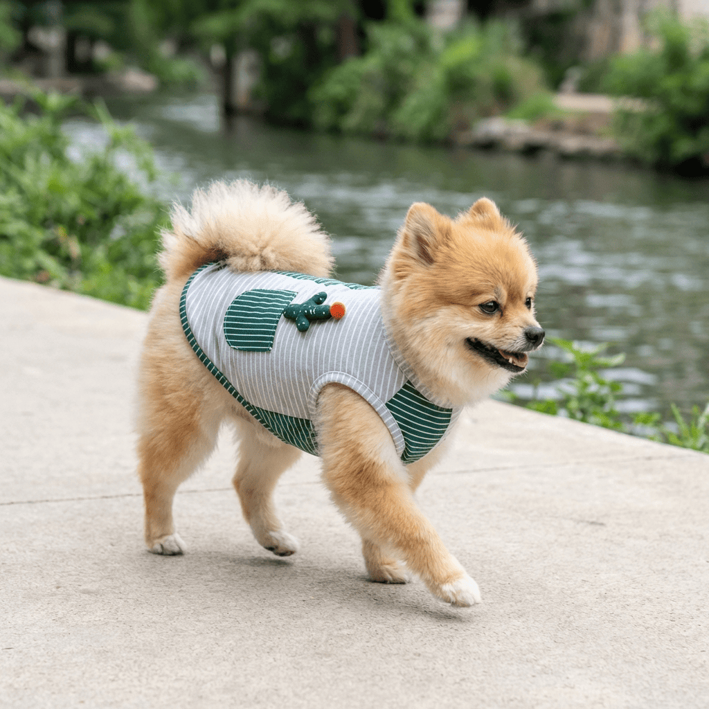 Cactus Striped Knitted Dog Vest worn by a Pomeranian, showcasing its stylish design and comfort for dogs and cats.