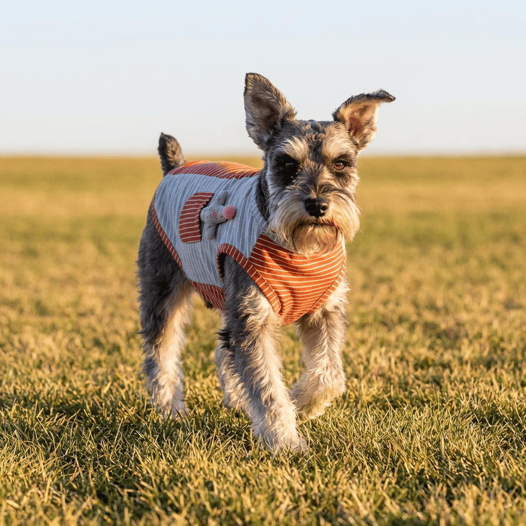 Cactus Striped Knitted Dog Vest on a Schnauzer running in a field, showcasing unique design for Dogs & Cats.