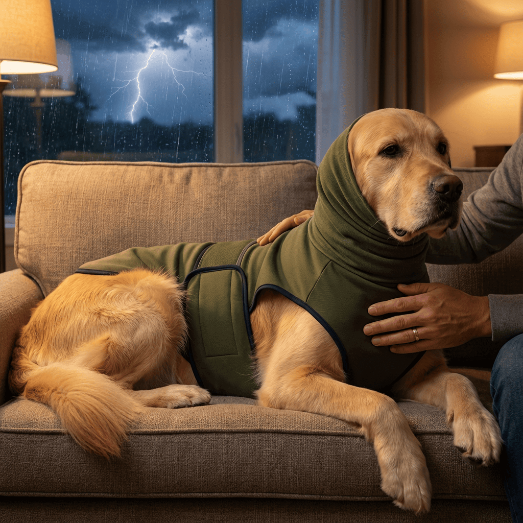 CalmEase Dog Anxiety Vest on a golden retriever, providing soothing comfort during a thunderstorm.