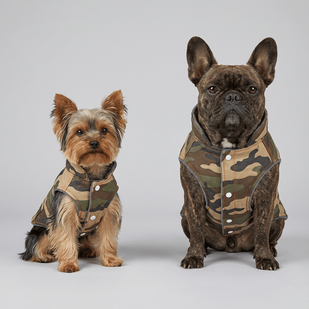 CamoChill Dog Vest on a Yorkshire Terrier and French Bulldog, stylish camouflage design for Dogs & Cats.