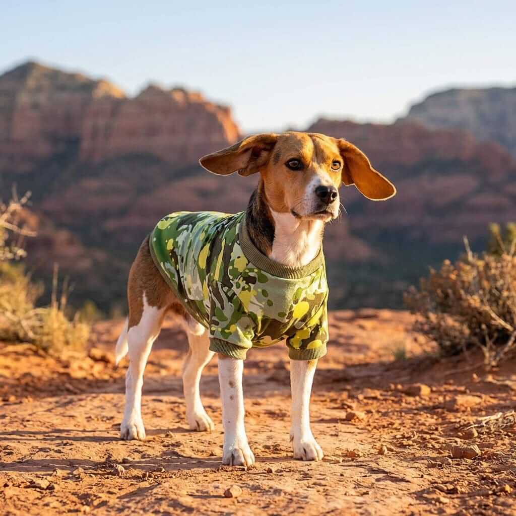 Dog wearing a Camouflage Fleece Dog Sweater in outdoor scenery, showcasing comfort and style for pets by Dogs & Cats.