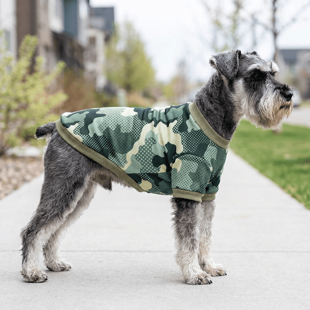 Camouflage Fleece Dog Sweater on a stylish dog, featuring a snug fit, lightweight breathable fabric, ideal for dogs and cats.