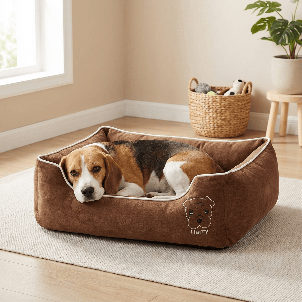 Candy Comfort Fleece Dog Bed featuring a beagle lounging comfortably in a plush, cozy brown bed.