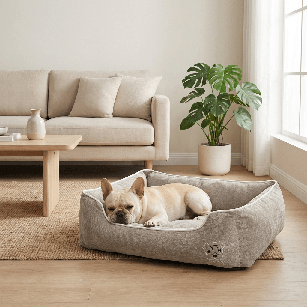 Candy Comfort Fleece Dog Bed in stylish living room, featuring plush fleece material, perfect for dogs and cats.
