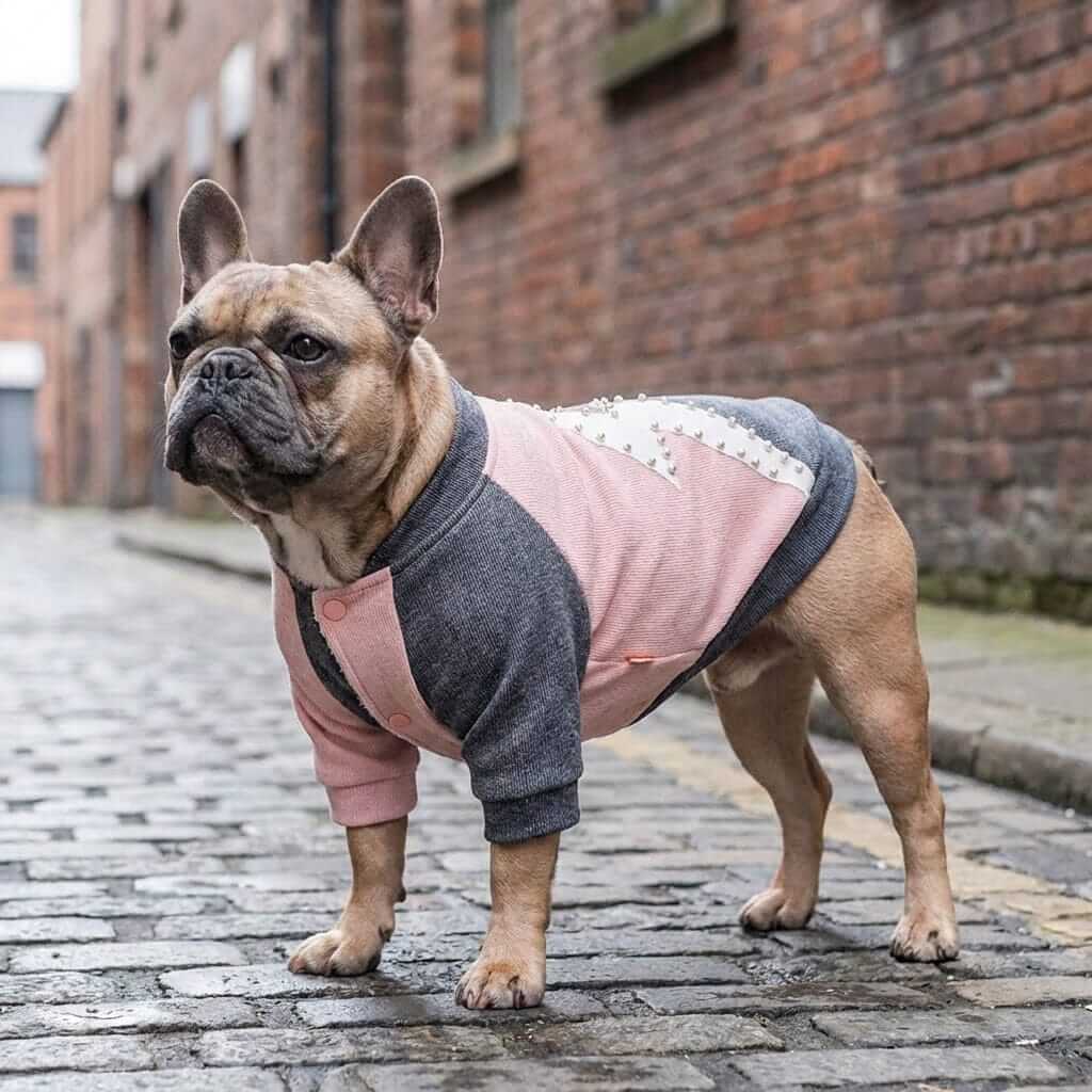 Candy Two Tone Dog Jacket on a French Bulldog in a cozy street setting. Stylish and ultra-soft for warmth.
