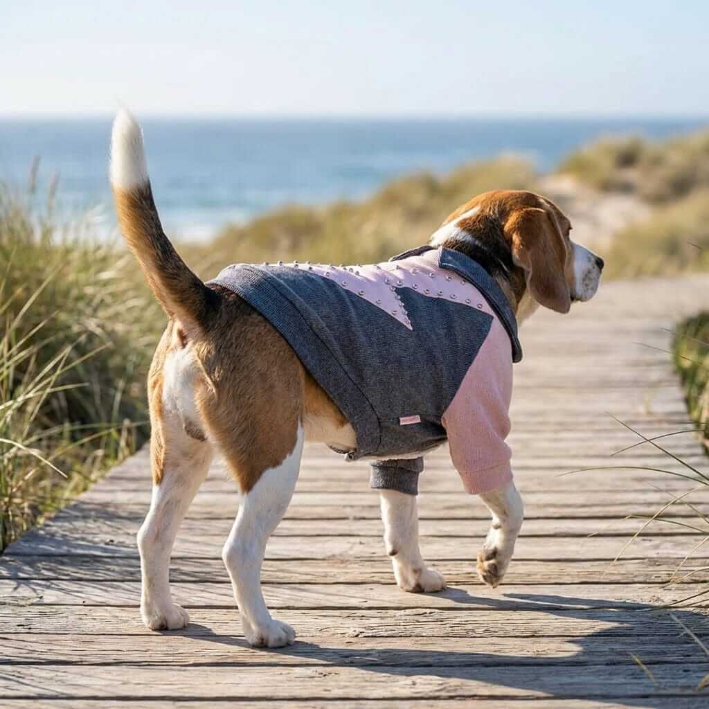 Candy Two Tone Dog Jacket on a Beagle by the beach, featuring ultra-soft fabric and pull-over design.