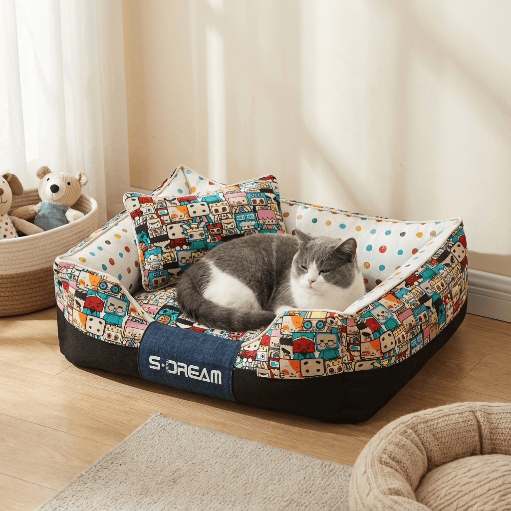 Cartoon Print Luxury Pet Bed with a cat lounging comfortably, featuring playful designs for dogs & cats by S-DREAM.