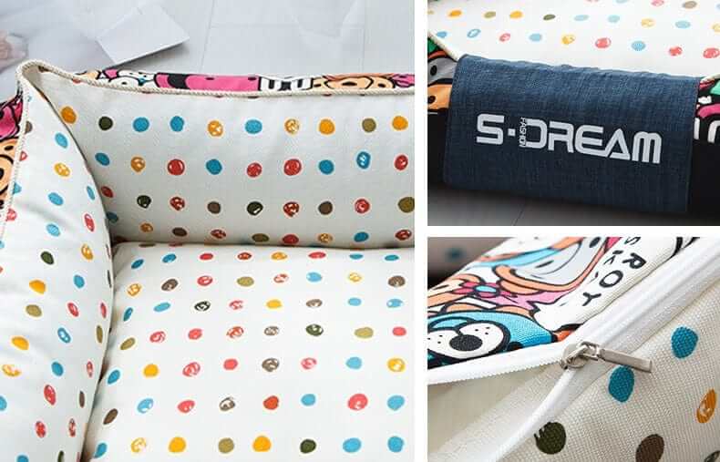 Cartoon Print Luxury Pet Bed close-up showing playful prints and zippers, ideal for Dogs & Cats by S-DREAM.