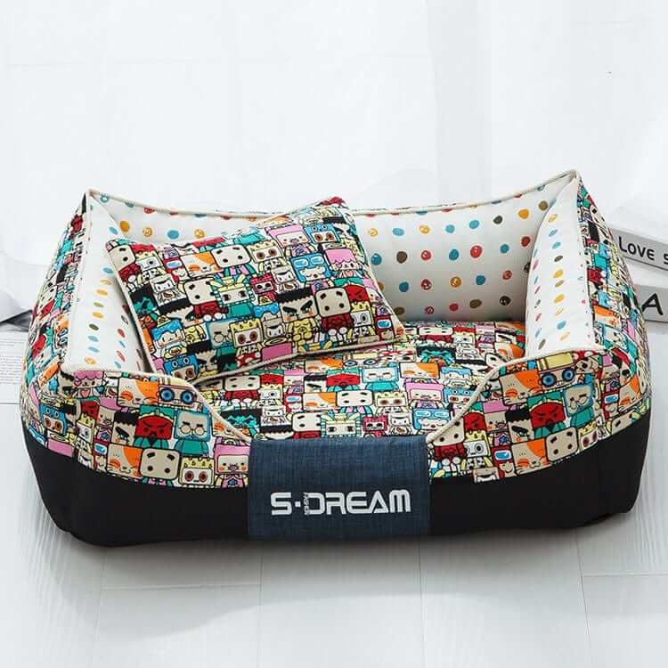 Cartoon Print Luxury Pet Bed featuring playful designs, perfect for Dogs & Cats, combining style and comfort in one.