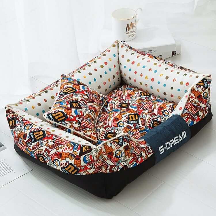 Cartoon Print Luxury Pet Bed with playful design for Dogs & Cats, plush comfort, and stylish craftsmanship.