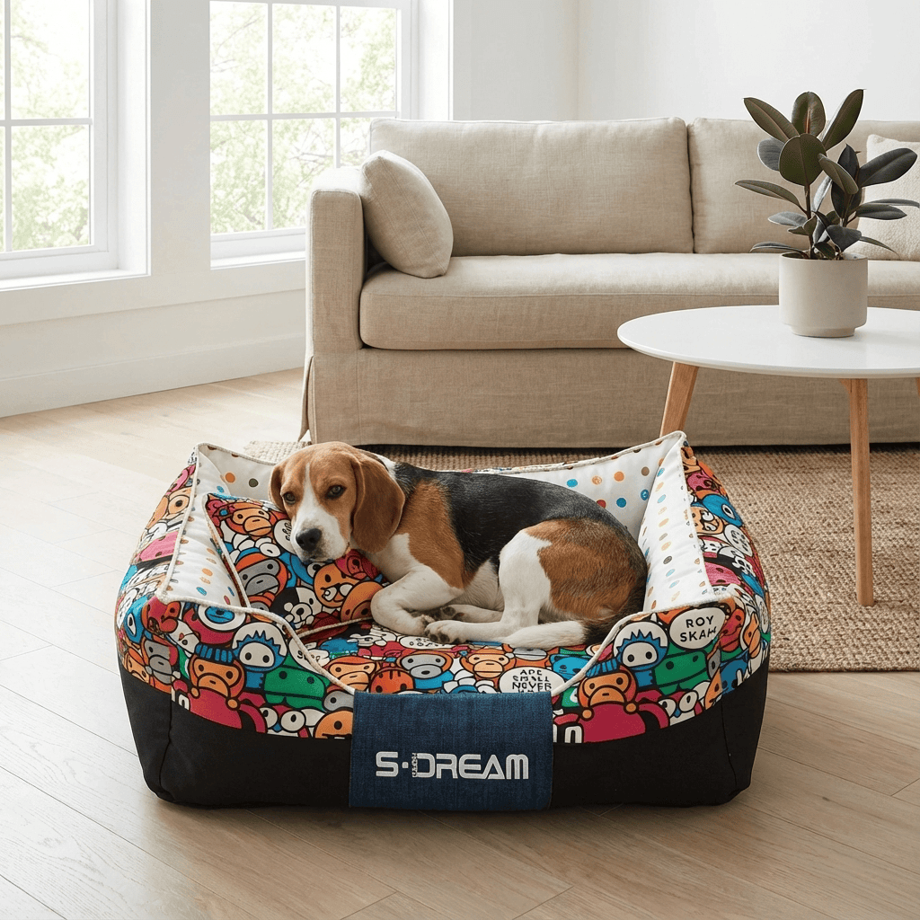 Cartoon Print Luxury Pet Bed featuring a cozy beagle, ideal for dogs & cats with playful designs.