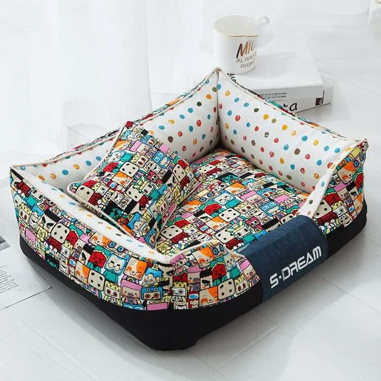 Cartoon Print Luxury Pet Bed for dogs and cats, featuring playful cartoon designs and plush materials for comfort.