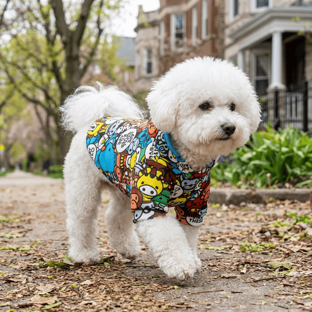 Cartoon Printed Dog Hoodie on a fluffy dog, showcasing fleece material and playful design for comfort and style.