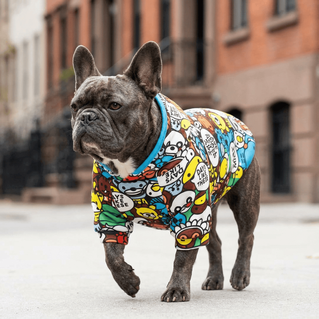 Cartoon Printed Dog Hoodie on a dog, featuring fleece material, breathable design for comfort and freedom of movement.