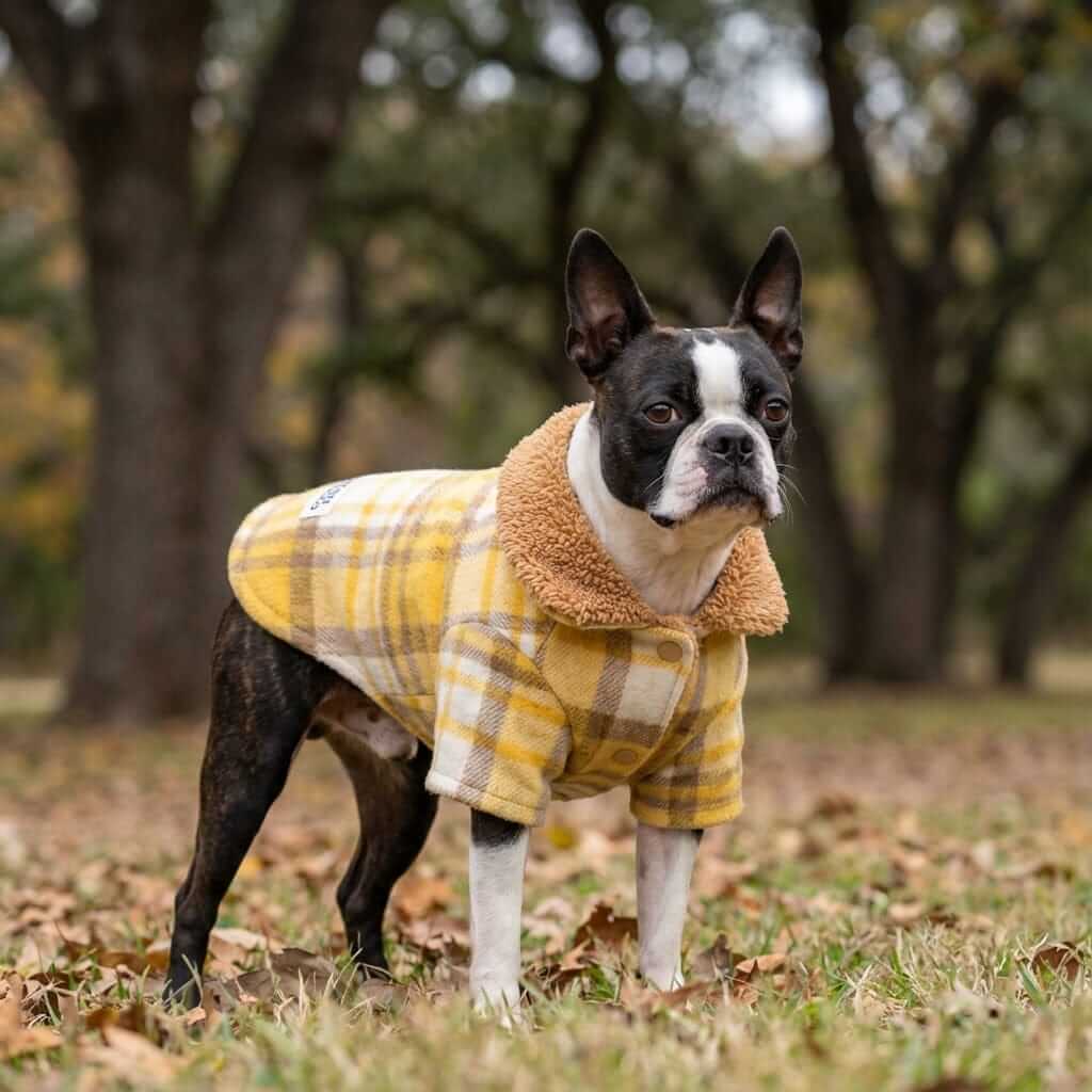 Check My Plaid Two-leg Cotton Dog Coat on a Boston Terrier in a park, featuring a faux fur collar and stylish plaid design.