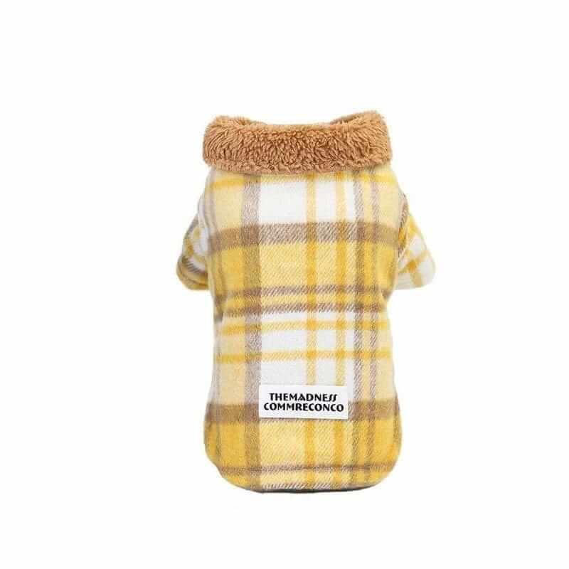 Check My Plaid Two-leg Cotton Dog Coat with faux fur collar for dogs, featuring a breathable and lightweight design.