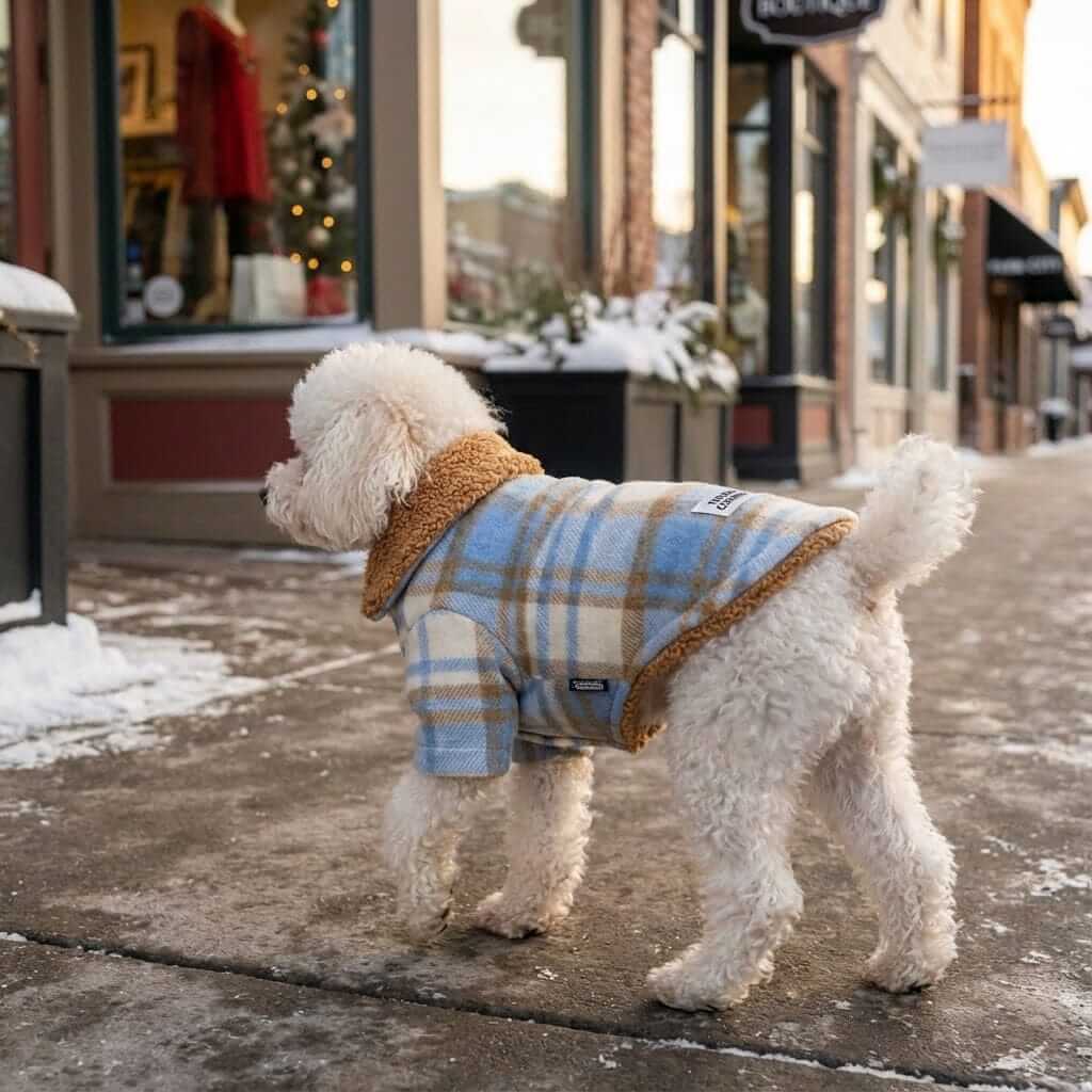 Check My Plaid Two-leg Cotton Dog Coat on a cute dog enjoying a winter walk, showcasing its stylish plaid design and faux fur collar.