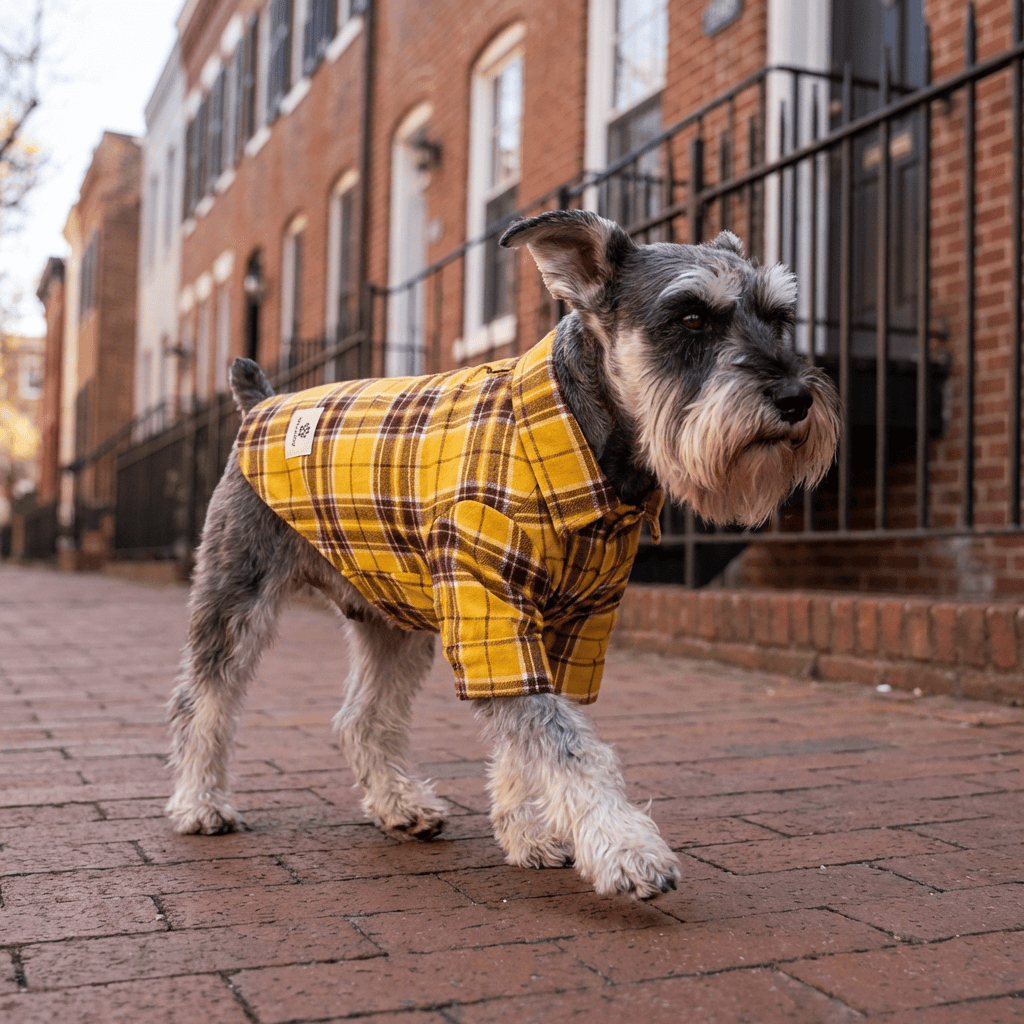 Checkered Dog Shirt on a stylish Schnauzer walking down the street, featuring lightweight, breathable design for dogs and cats.