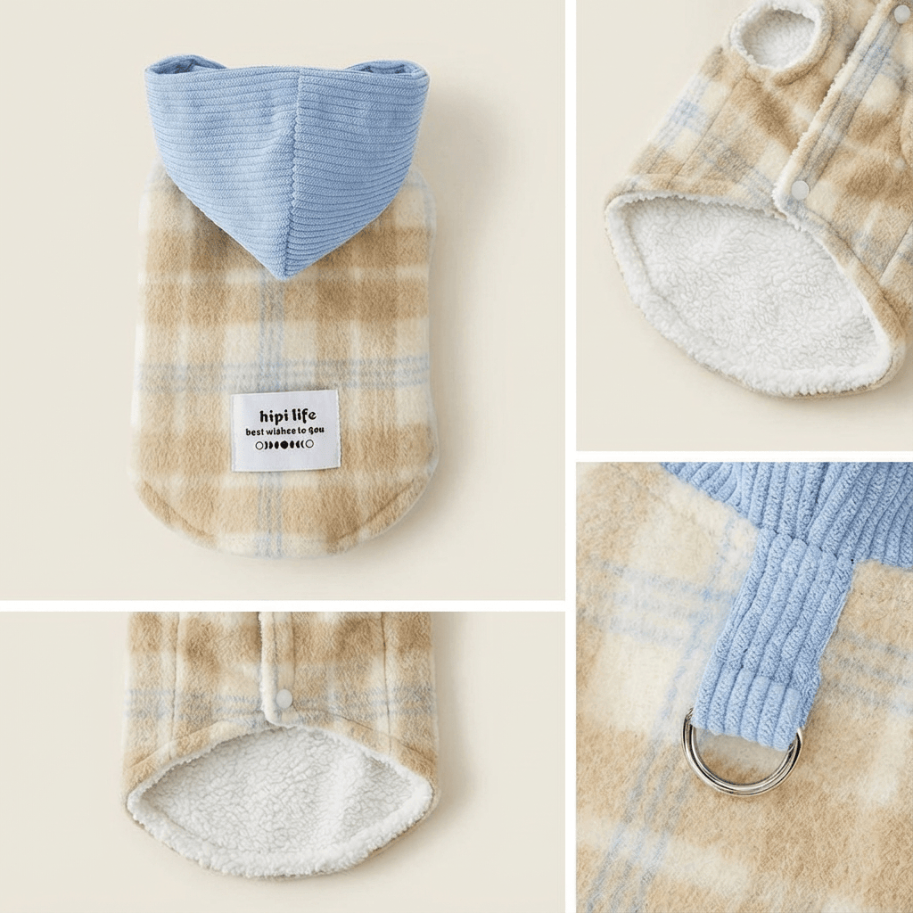 Checkered Hooded Pet Vest featuring a cozy checkered pattern and soft lining for both dogs and cats by Hipi Life.