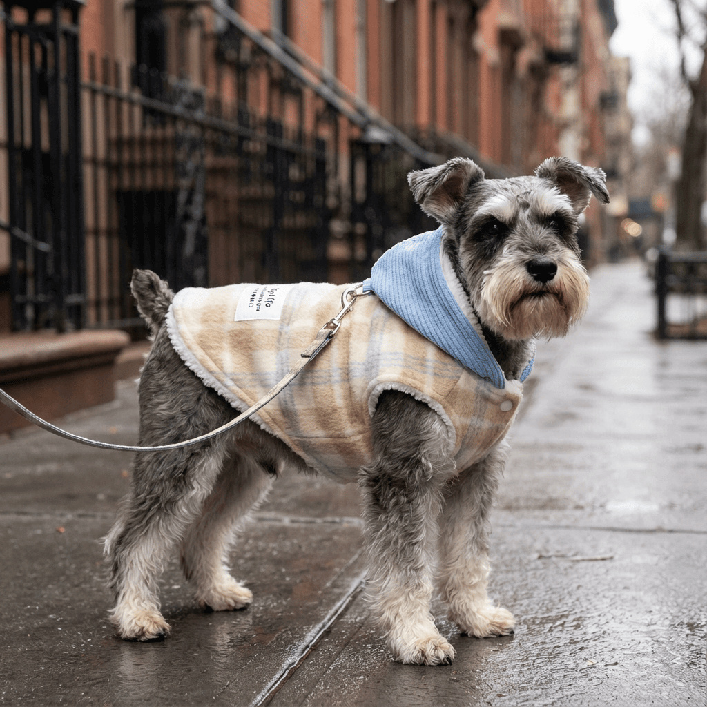 Checkered Hooded Pet Vest on a Schnauzer, stylish vest for dogs and cats, features a blue hood and traction hook.