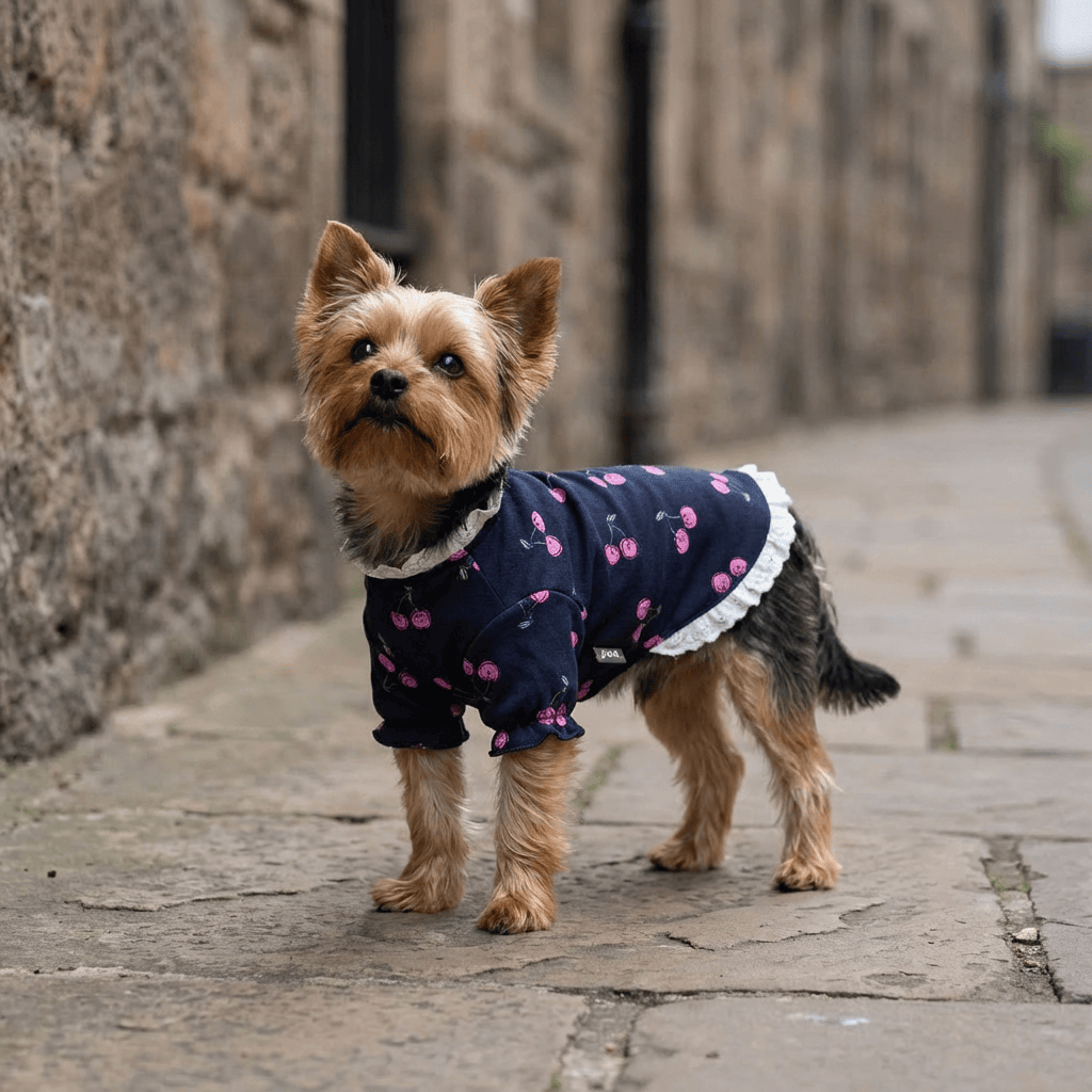 Cherry Printed Dog T-Shirt on a small dog in a stylish outdoor setting, showcasing comfort and cute design by Dogs & Cats.