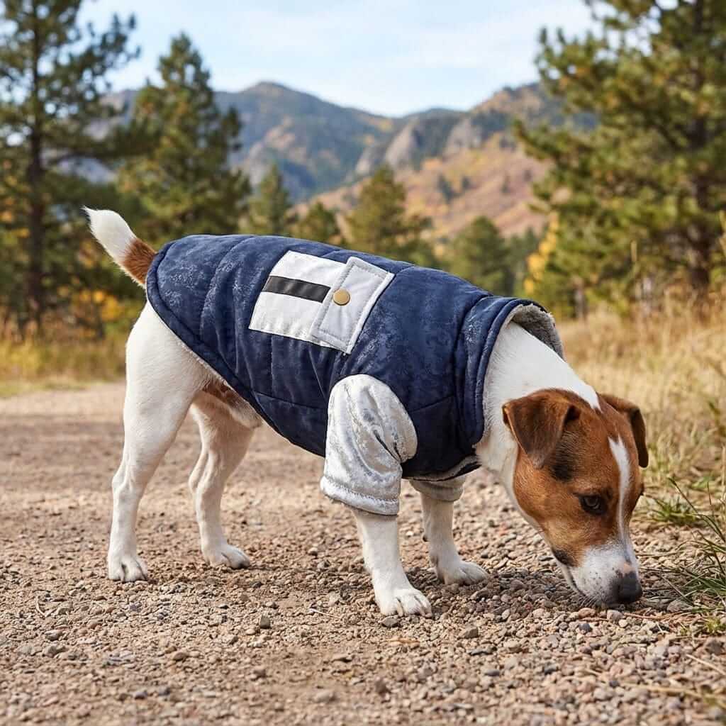 Chest Pocket Windproof Dog Coat for dogs, featuring a stylish pocket, windproof design, and cotton material.
