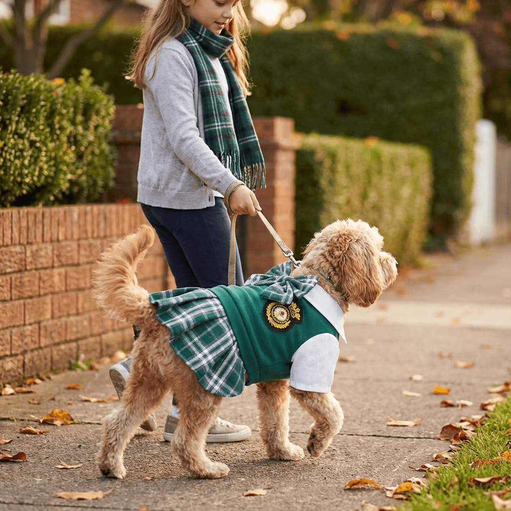 Chic Academy Pet Attire on a dog, featuring a preppy style dress, perfect for dogs and cats.