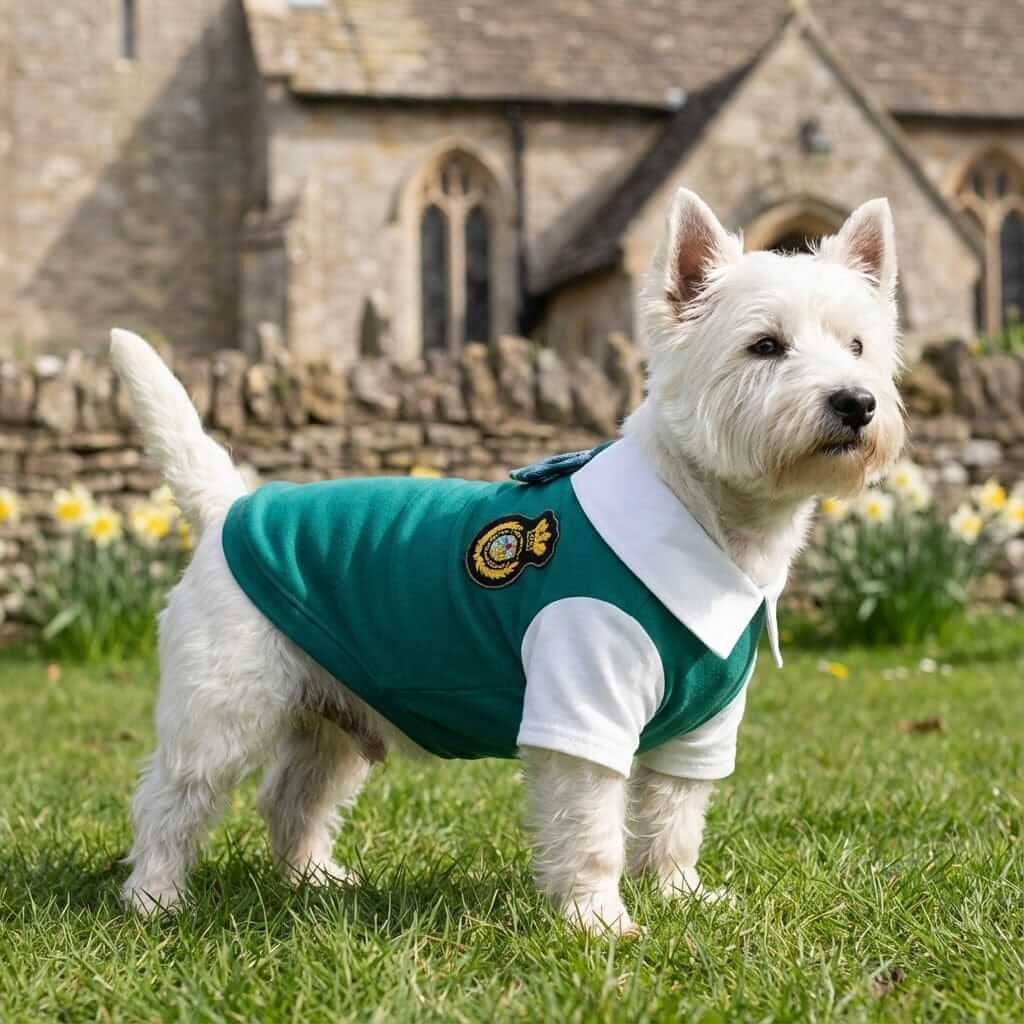 Chic Academy Pet Attire: Stylish dog wearing a preppy sweater with collar, perfect for small to medium dogs & cats.