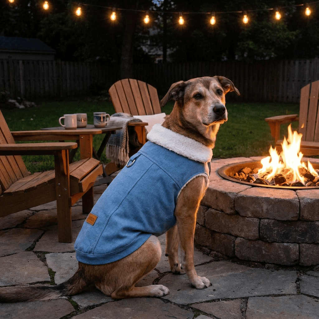 Dog wearing a Chic Corgi Denim Dog Coat by Dogs & Cats, sitting by the fire pit in a cozy outdoor setting.