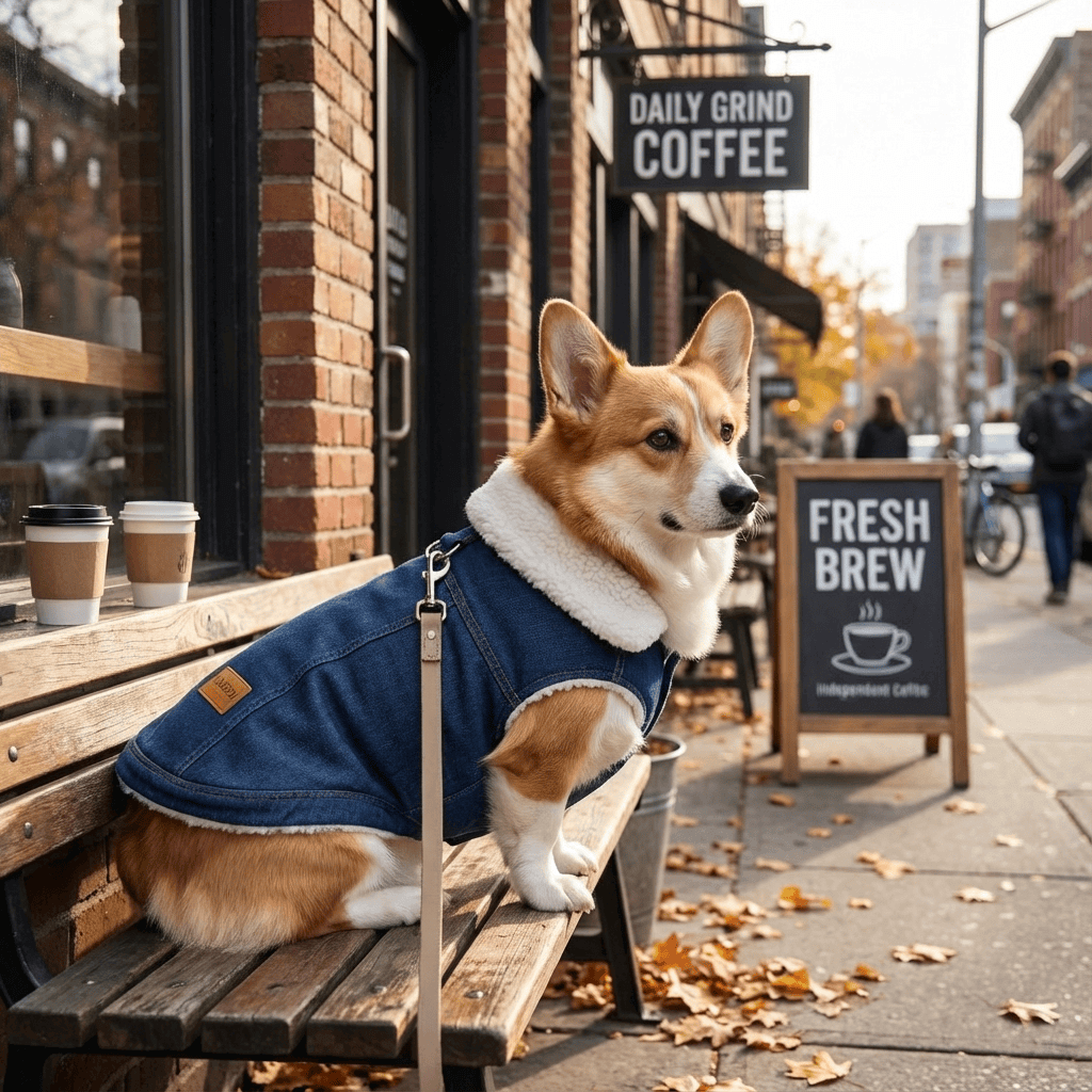 Chic Corgi Denim Dog Coat on a Corgi sitting stylishly at a coffee shop, showcasing warmth and comfort for dogs.