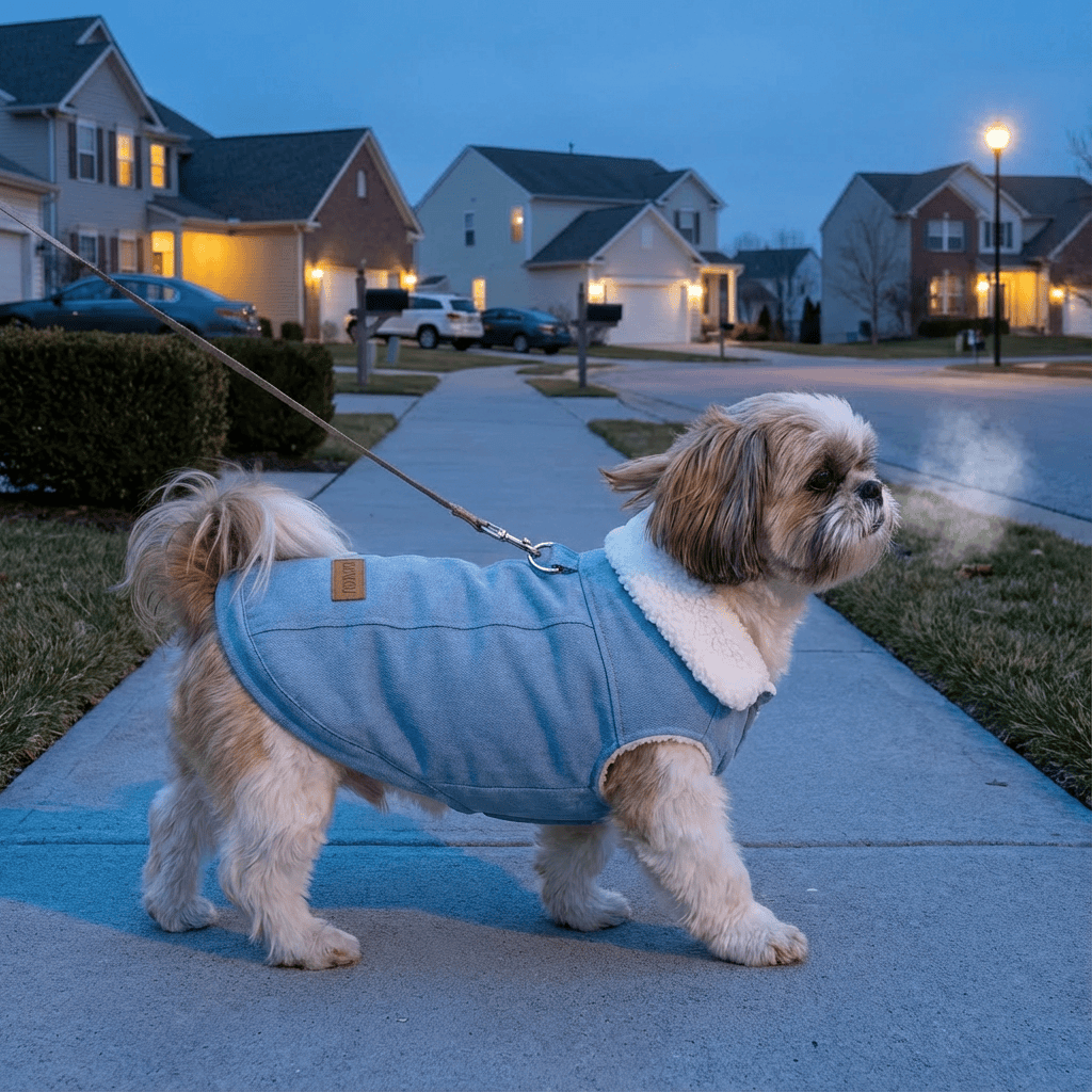Chic Corgi Denim Dog Coat on a stylish dog walking at night, showcasing warmth and fashion by Dogs & Cats.