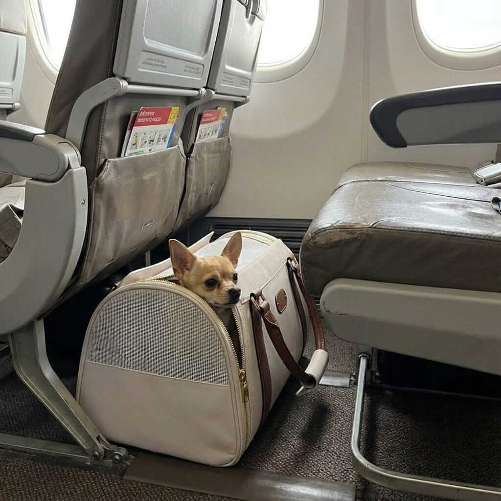 Chic Leather Pet Bag in airplane aisle with small dog inside, perfect for travel with pets, dogs & cats.
