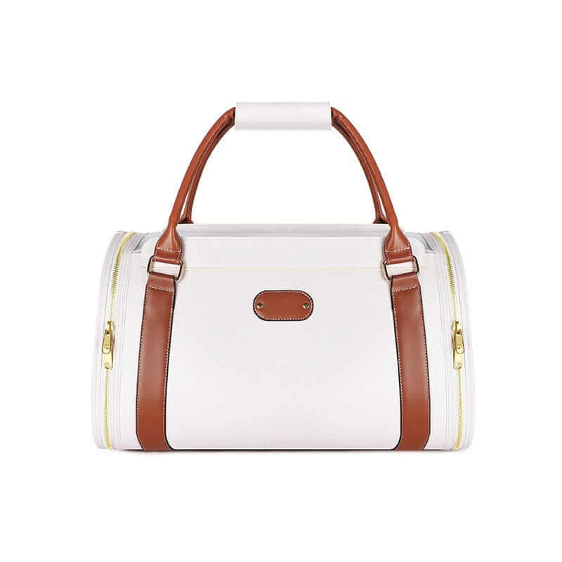 Chic Leather Pet Bag, luxury pet carrier for dogs & cats, waterproof leather, stylish travel solution.
